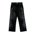 Vale Forever Rhinestone Floral Pattern Oversized Black Denim Jeans