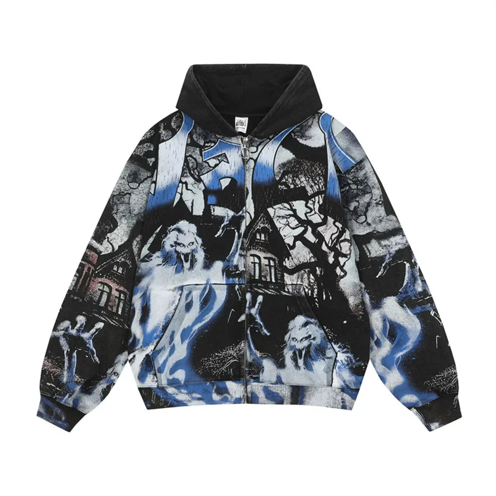 Vale Forever "Valley Dreams Ghost House" Vintage Zip-Up Hoodie (Black/Blue)