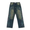 Vale Forever Rhinestone Floral Pattern Oversized Blue Denim Jeans