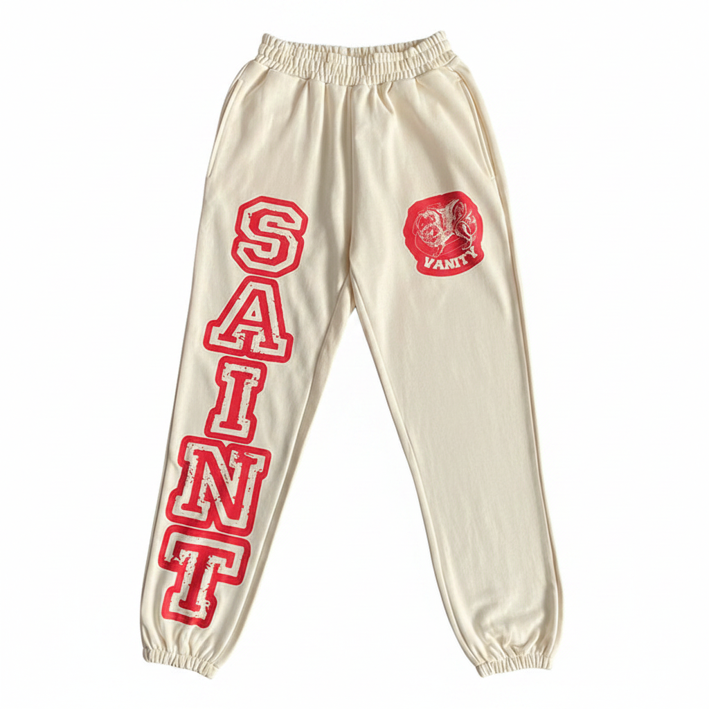 SAINT VANITY Cream Varsity Print Jogger Sweatpants
