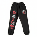SAINT VANITY Black Jogger Sweatpants, Red‑White Varsity Print