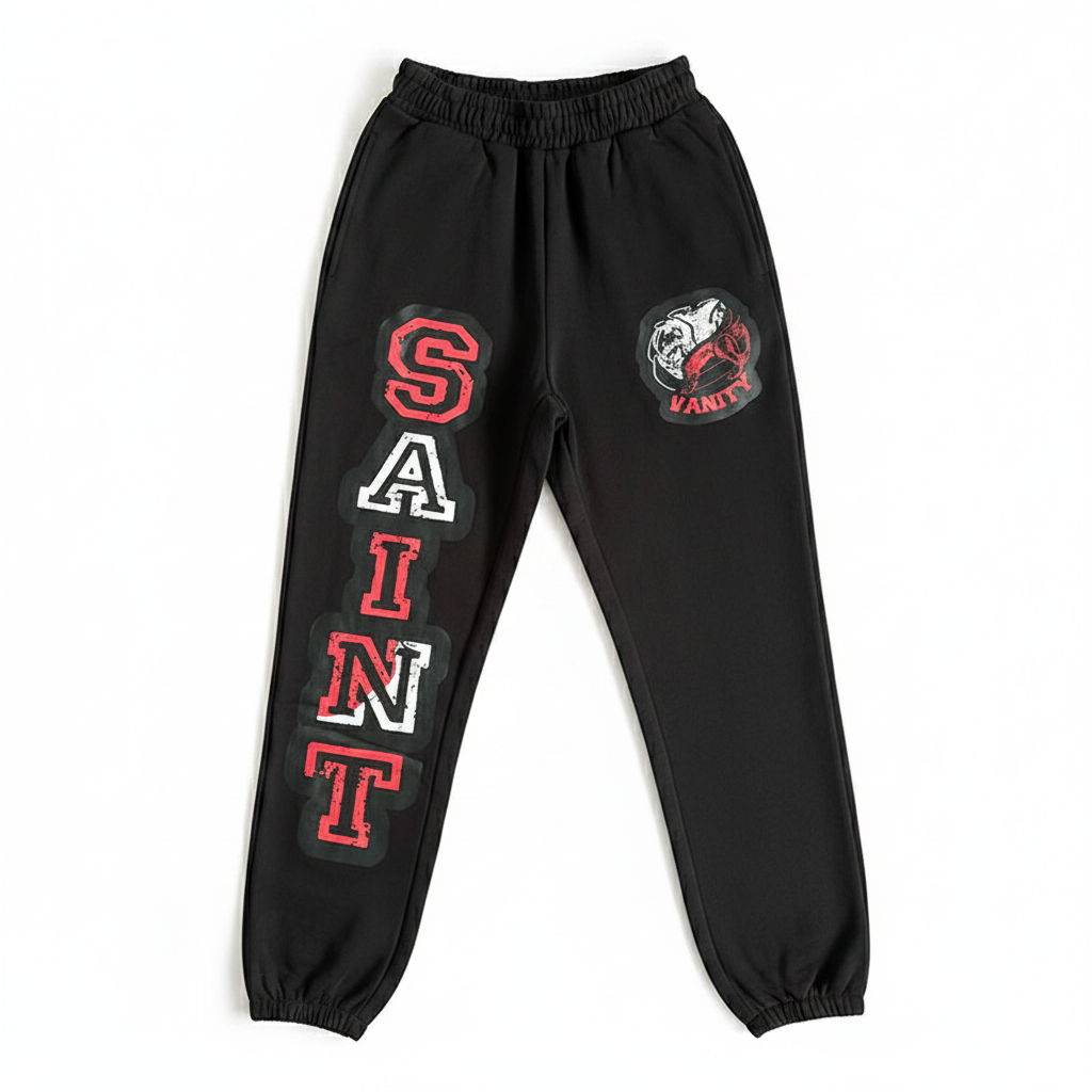 SAINT VANITY Black Jogger Sweatpants, Red‑White Varsity Print