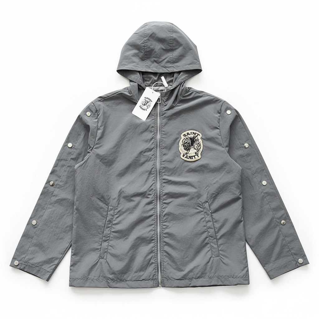 SAINT VANITY Embroidered Zip‑Up Grey Hooded Nylon Jacket