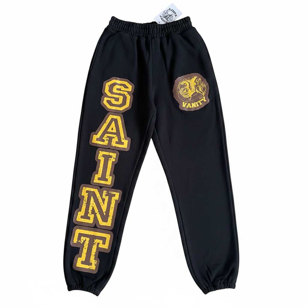 SAINT VANITY Black Varsity Print Jogger Sweatpants