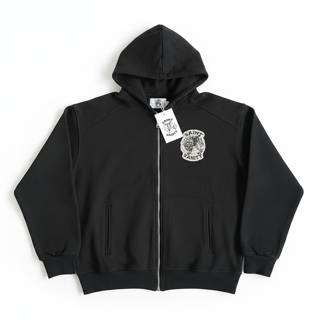 SAINT VANITY Embroidered Zip Up Hoodie Short Tracksuit Set-Black